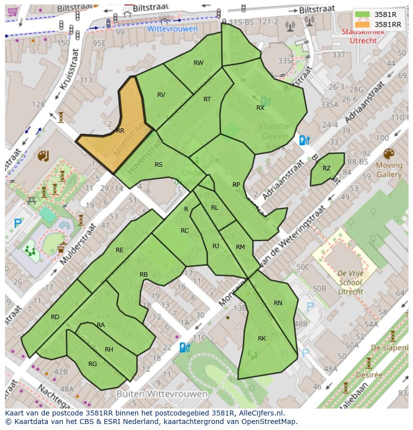 Afbeelding van het postcodegebied 3581 RR op de kaart.