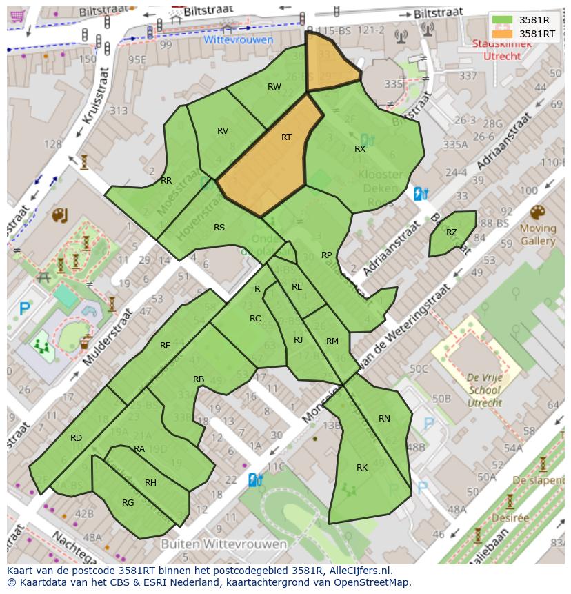 Afbeelding van het postcodegebied 3581 RT op de kaart.