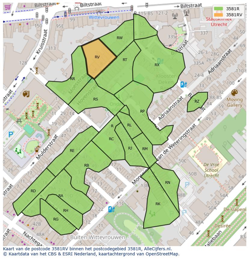 Afbeelding van het postcodegebied 3581 RV op de kaart.