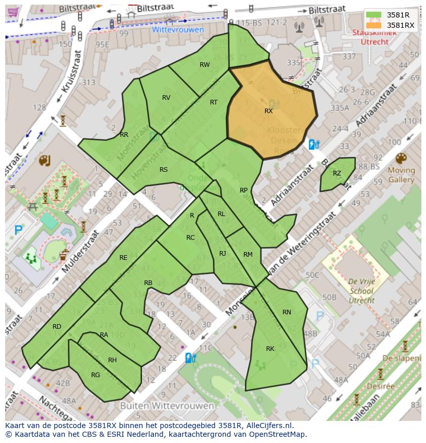 Afbeelding van het postcodegebied 3581 RX op de kaart.
