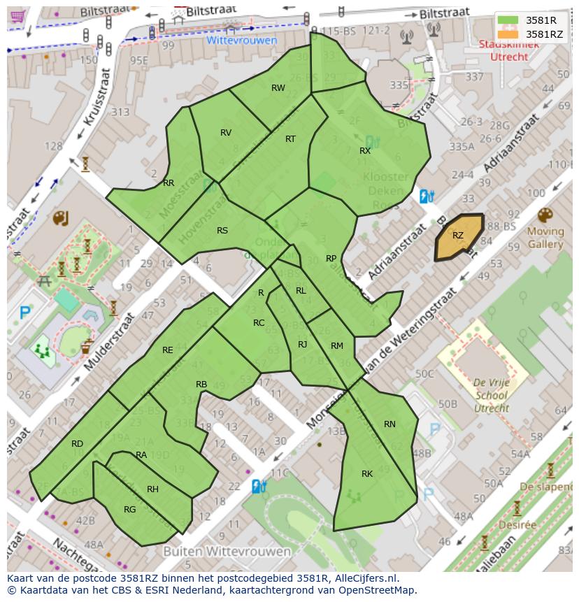 Afbeelding van het postcodegebied 3581 RZ op de kaart.