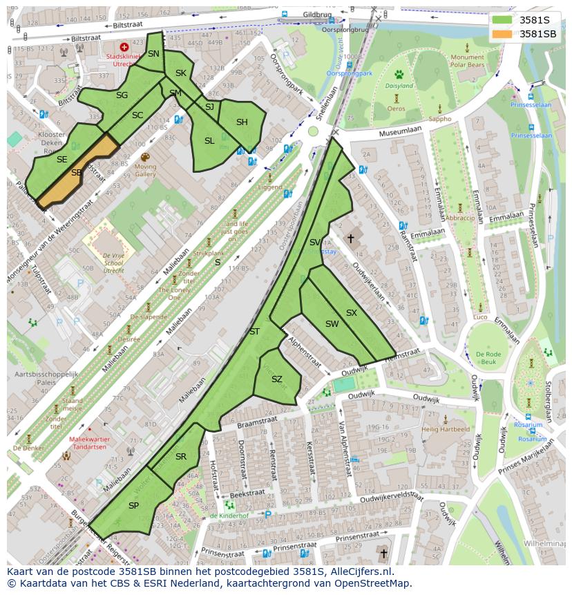 Afbeelding van het postcodegebied 3581 SB op de kaart.