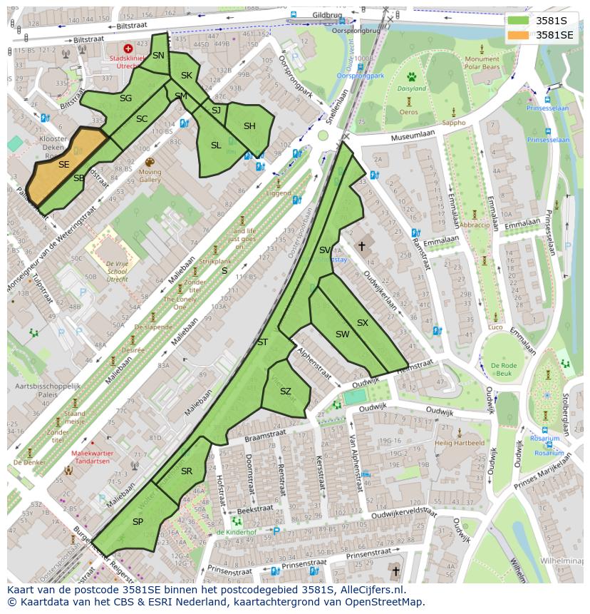Afbeelding van het postcodegebied 3581 SE op de kaart.