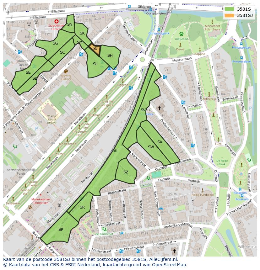 Afbeelding van het postcodegebied 3581 SJ op de kaart.
