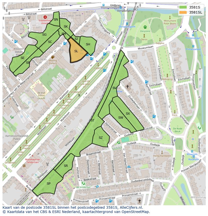Afbeelding van het postcodegebied 3581 SL op de kaart.