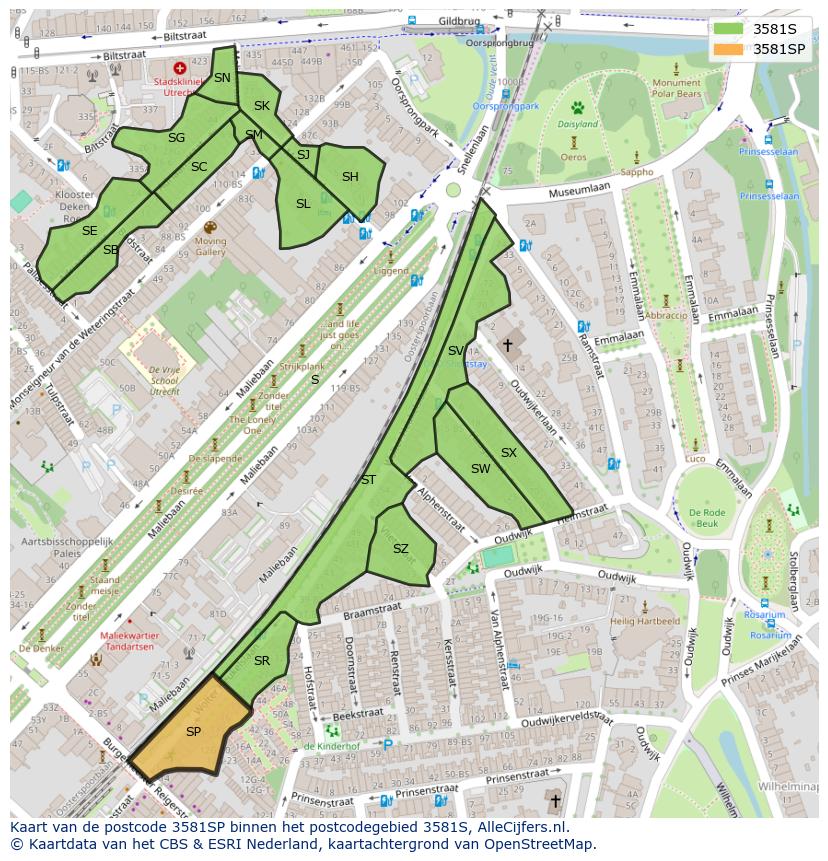 Afbeelding van het postcodegebied 3581 SP op de kaart.