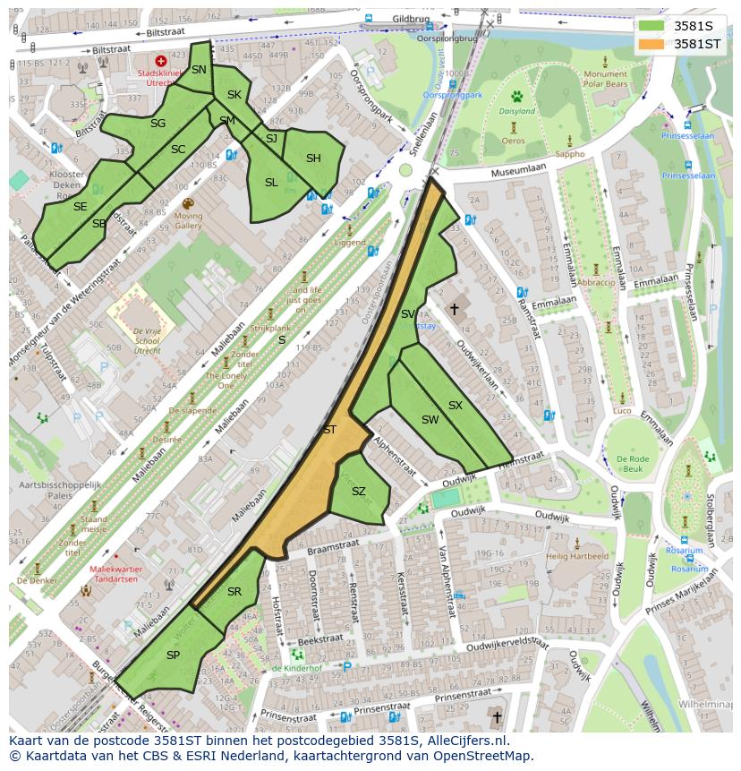 Afbeelding van het postcodegebied 3581 ST op de kaart.