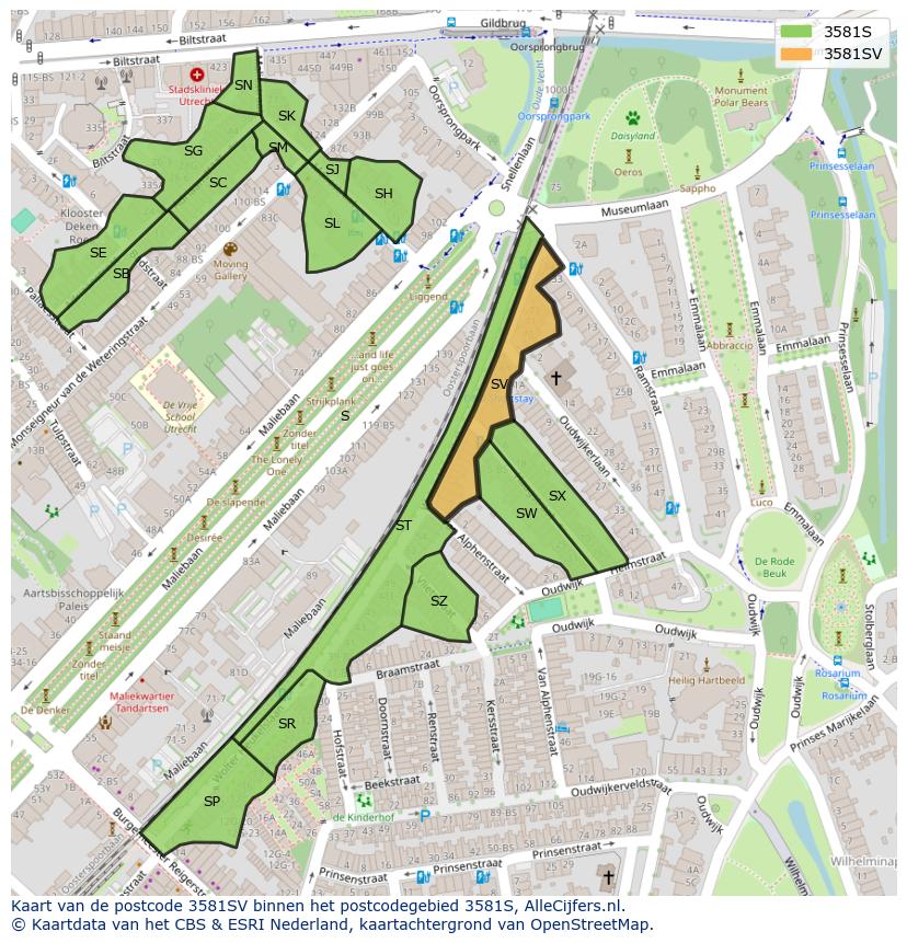 Afbeelding van het postcodegebied 3581 SV op de kaart.