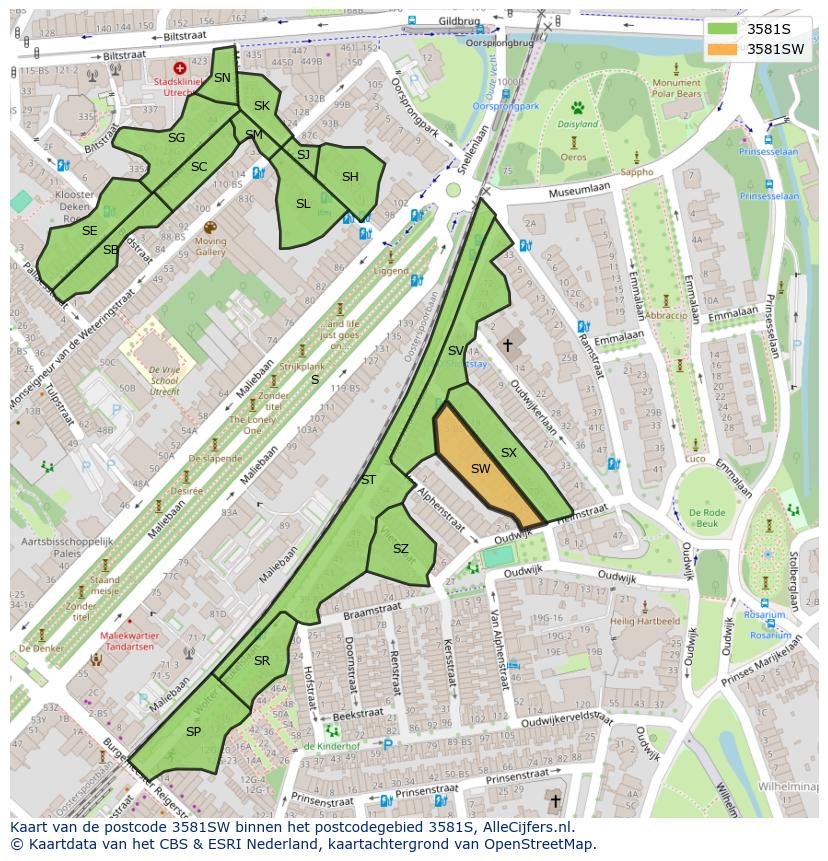 Afbeelding van het postcodegebied 3581 SW op de kaart.