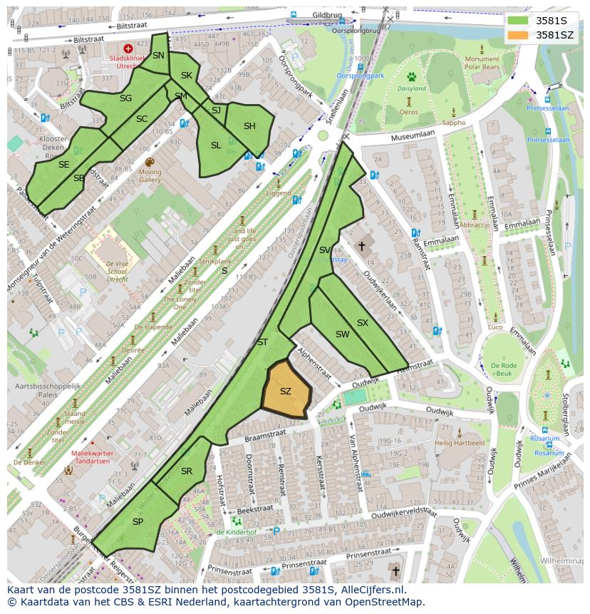 Afbeelding van het postcodegebied 3581 SZ op de kaart.