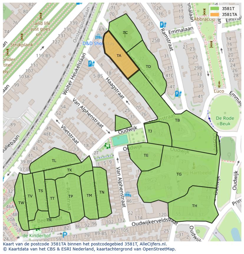 Afbeelding van het postcodegebied 3581 TA op de kaart.