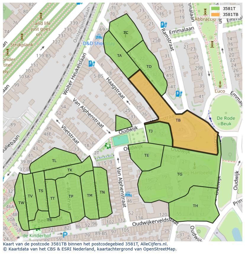 Afbeelding van het postcodegebied 3581 TB op de kaart.