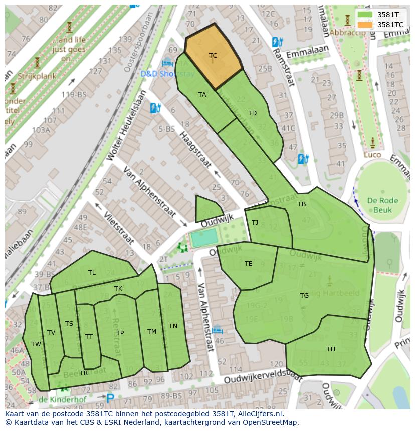 Afbeelding van het postcodegebied 3581 TC op de kaart.