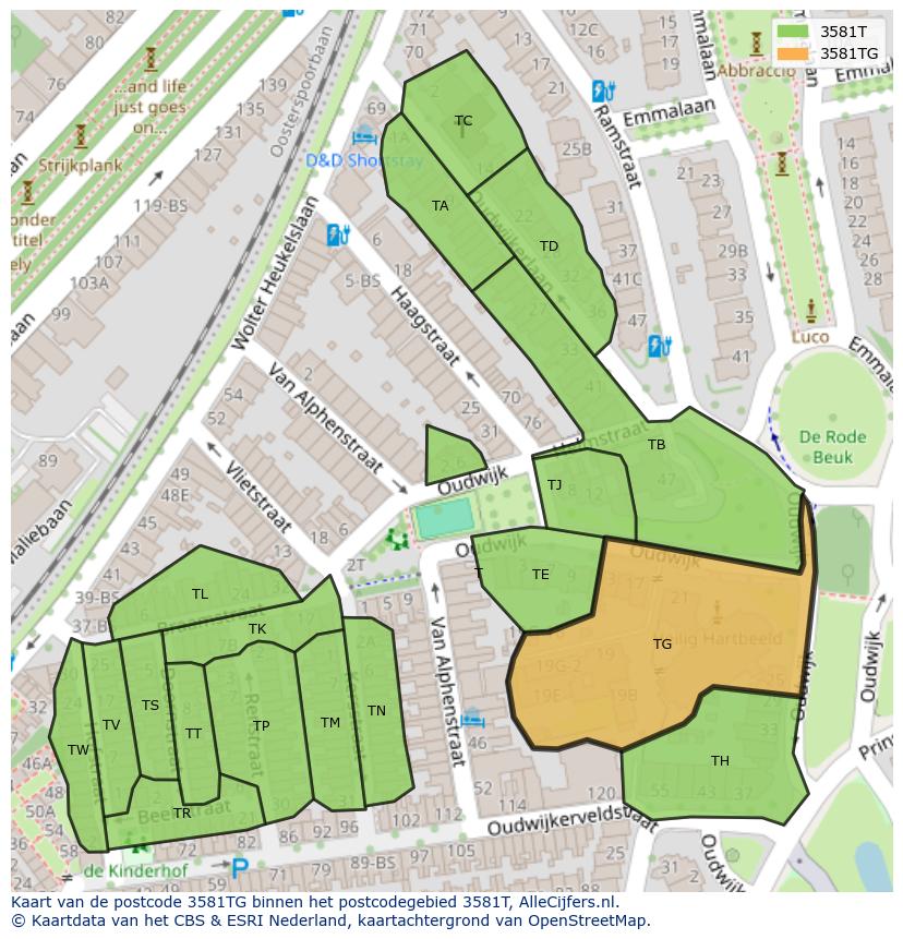 Afbeelding van het postcodegebied 3581 TG op de kaart.