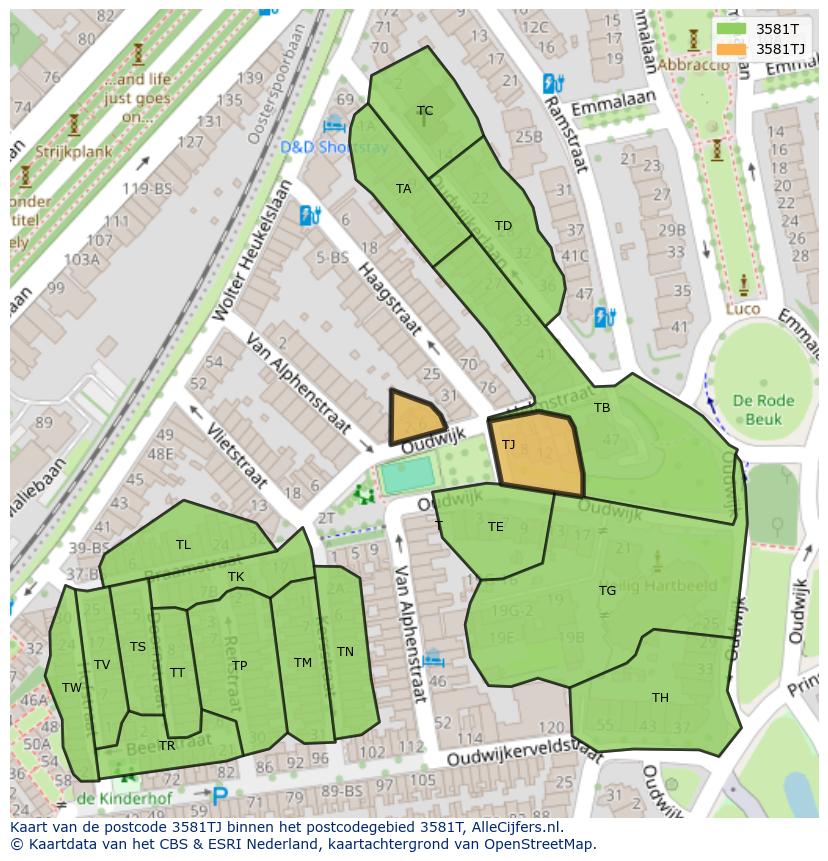 Afbeelding van het postcodegebied 3581 TJ op de kaart.