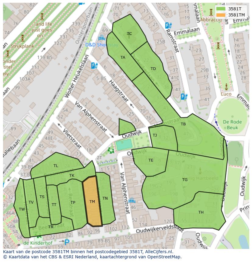 Afbeelding van het postcodegebied 3581 TM op de kaart.
