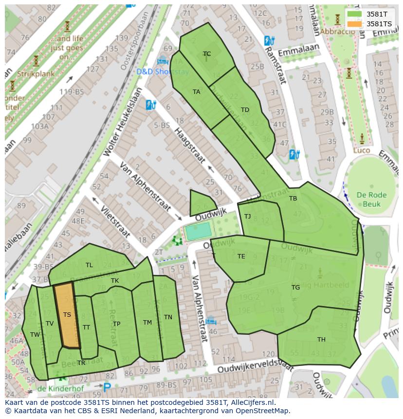 Afbeelding van het postcodegebied 3581 TS op de kaart.