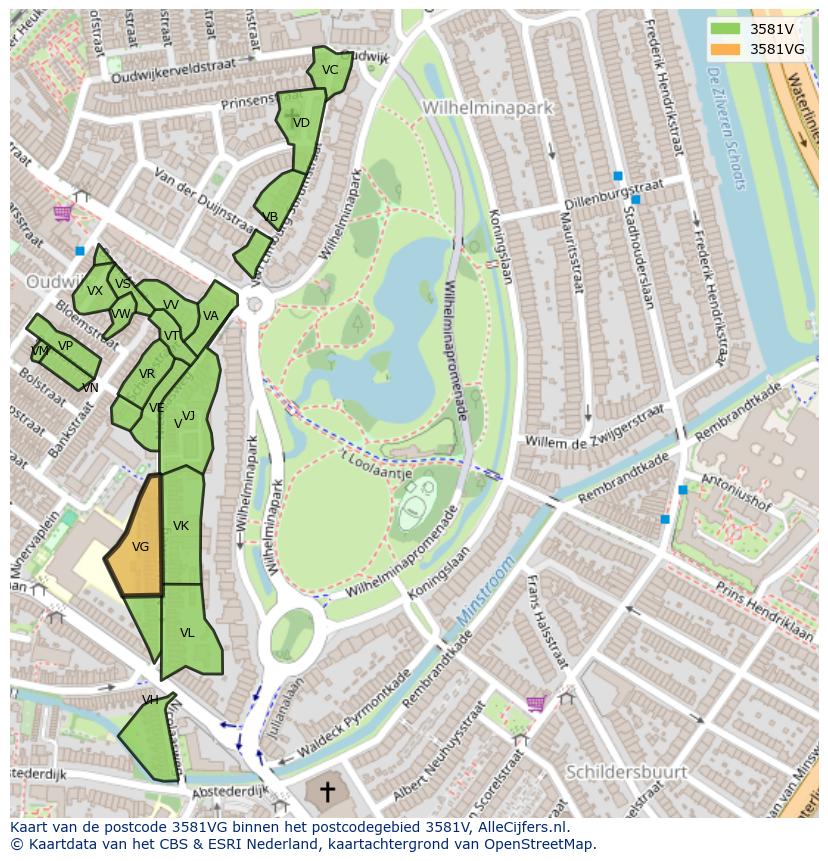 Afbeelding van het postcodegebied 3581 VG op de kaart.