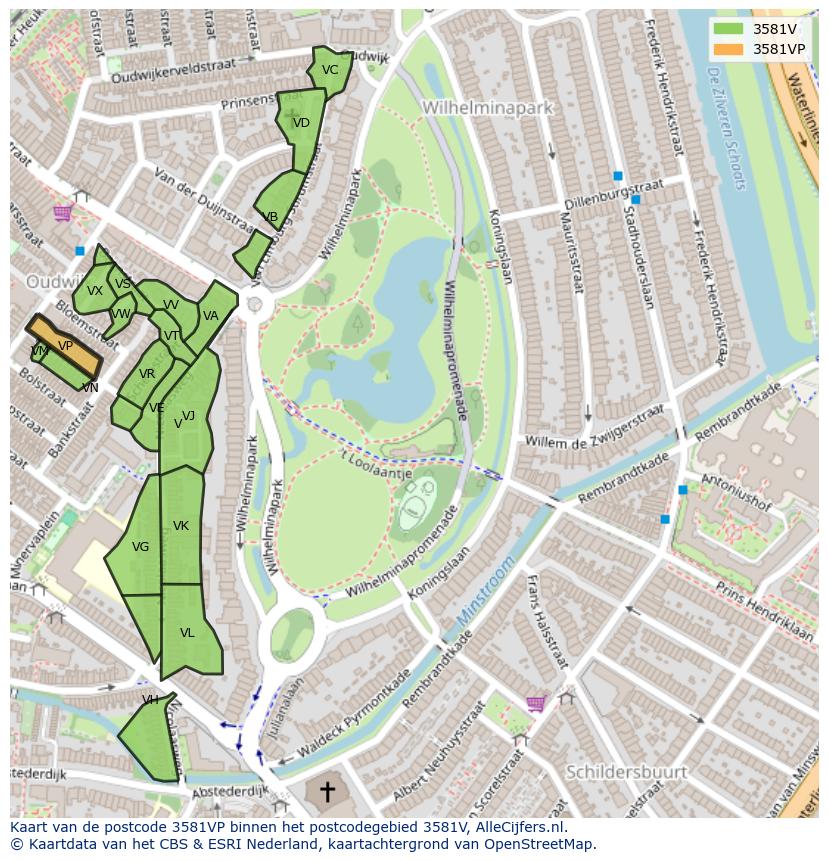Afbeelding van het postcodegebied 3581 VP op de kaart.