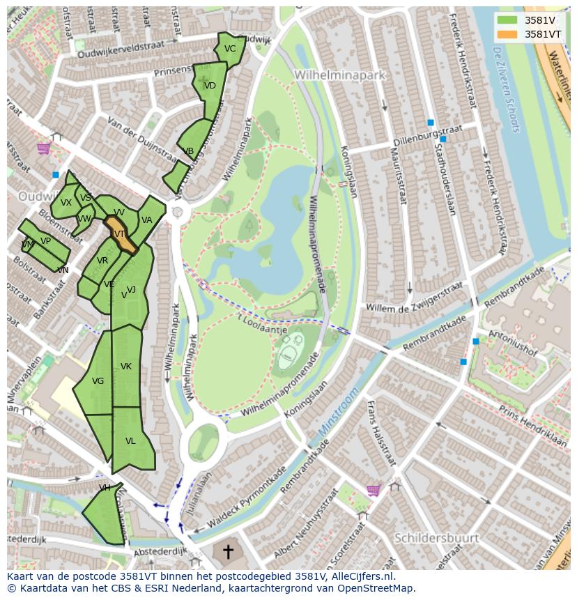 Afbeelding van het postcodegebied 3581 VT op de kaart.