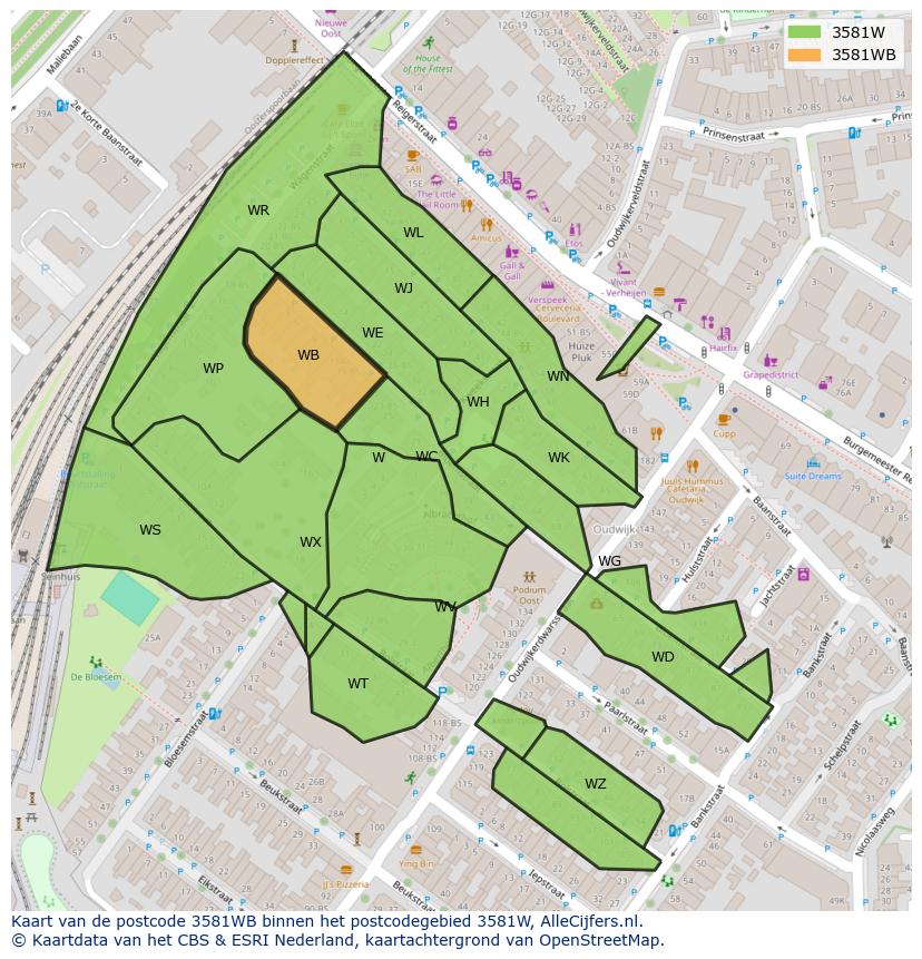 Afbeelding van het postcodegebied 3581 WB op de kaart.