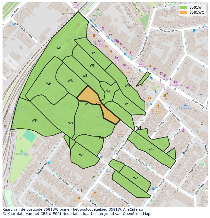 Afbeelding van het postcodegebied 3581 WC op de kaart.