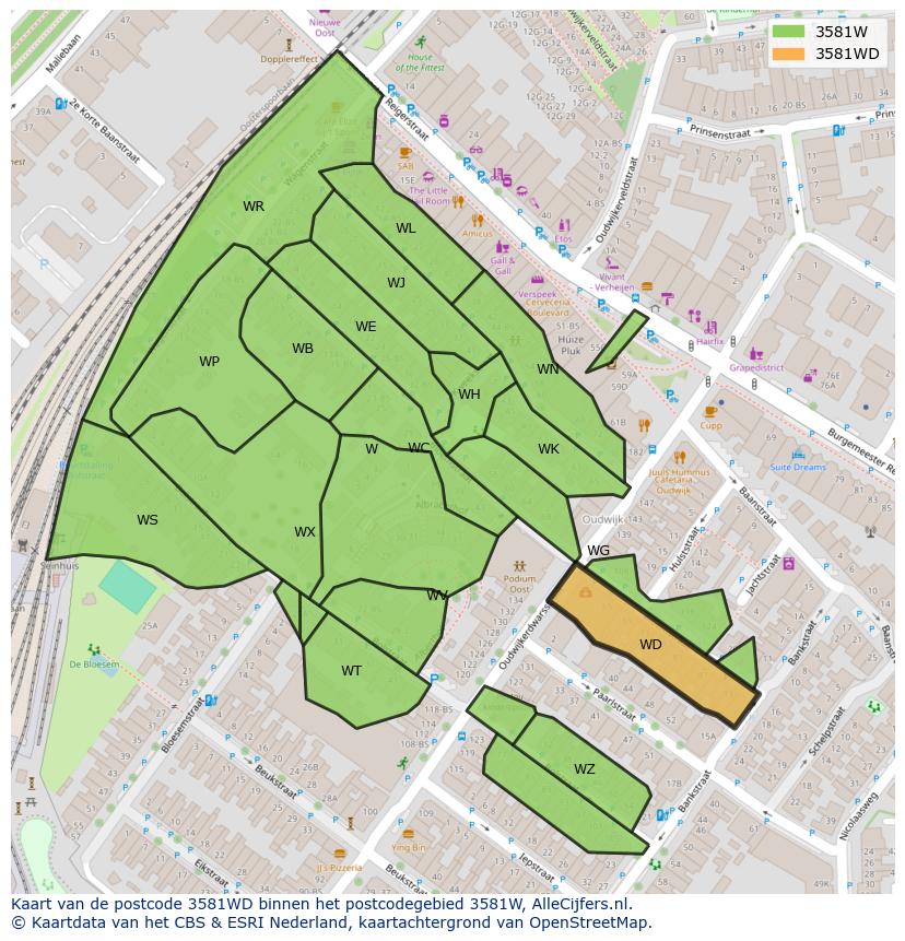 Afbeelding van het postcodegebied 3581 WD op de kaart.