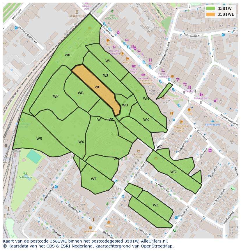 Afbeelding van het postcodegebied 3581 WE op de kaart.