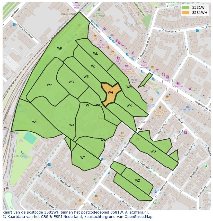 Afbeelding van het postcodegebied 3581 WH op de kaart.