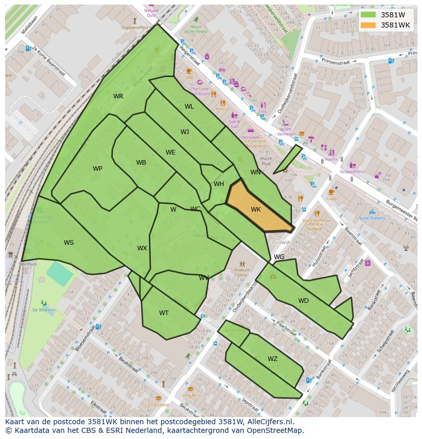 Afbeelding van het postcodegebied 3581 WK op de kaart.