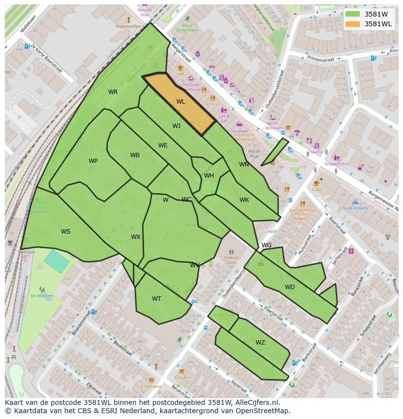 Afbeelding van het postcodegebied 3581 WL op de kaart.