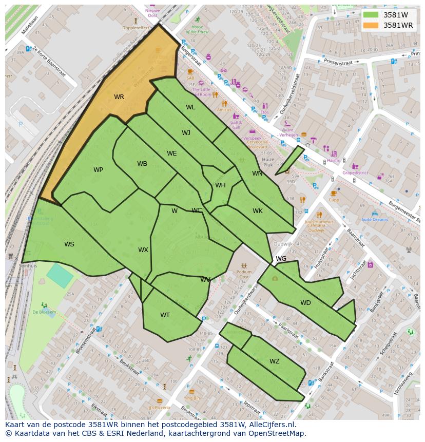 Afbeelding van het postcodegebied 3581 WR op de kaart.