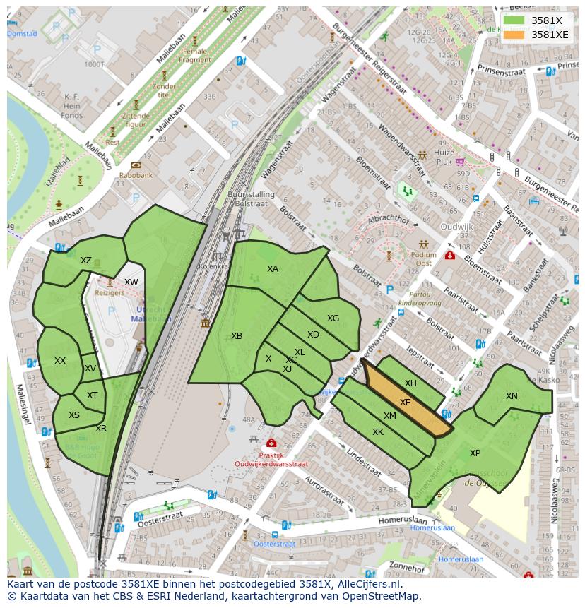 Afbeelding van het postcodegebied 3581 XE op de kaart.