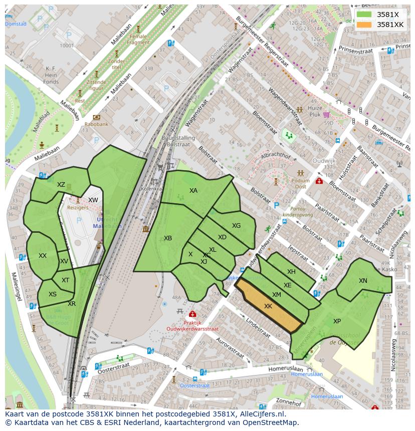 Afbeelding van het postcodegebied 3581 XK op de kaart.