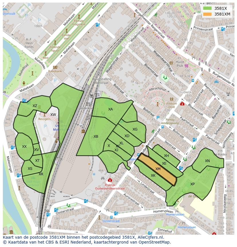 Afbeelding van het postcodegebied 3581 XM op de kaart.