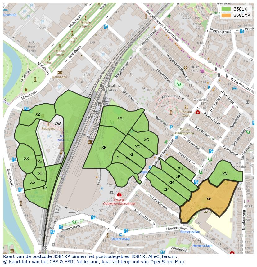 Afbeelding van het postcodegebied 3581 XP op de kaart.