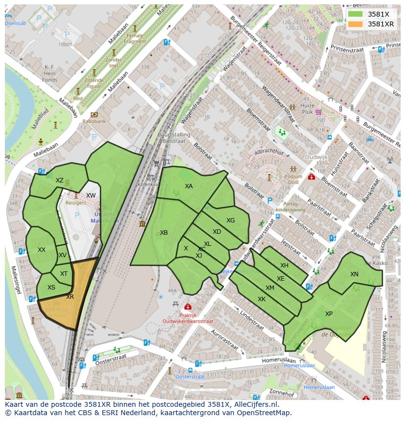 Afbeelding van het postcodegebied 3581 XR op de kaart.