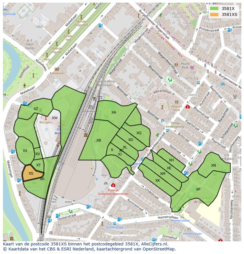 Afbeelding van het postcodegebied 3581 XS op de kaart.