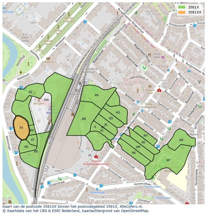Afbeelding van het postcodegebied 3581 XX op de kaart.