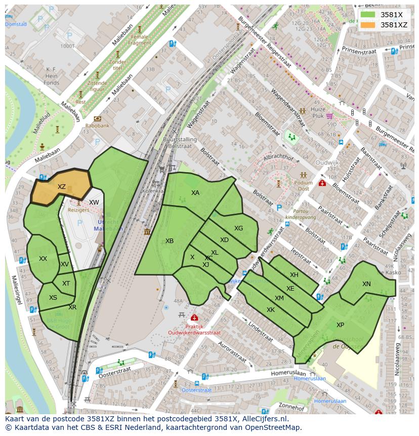 Afbeelding van het postcodegebied 3581 XZ op de kaart.