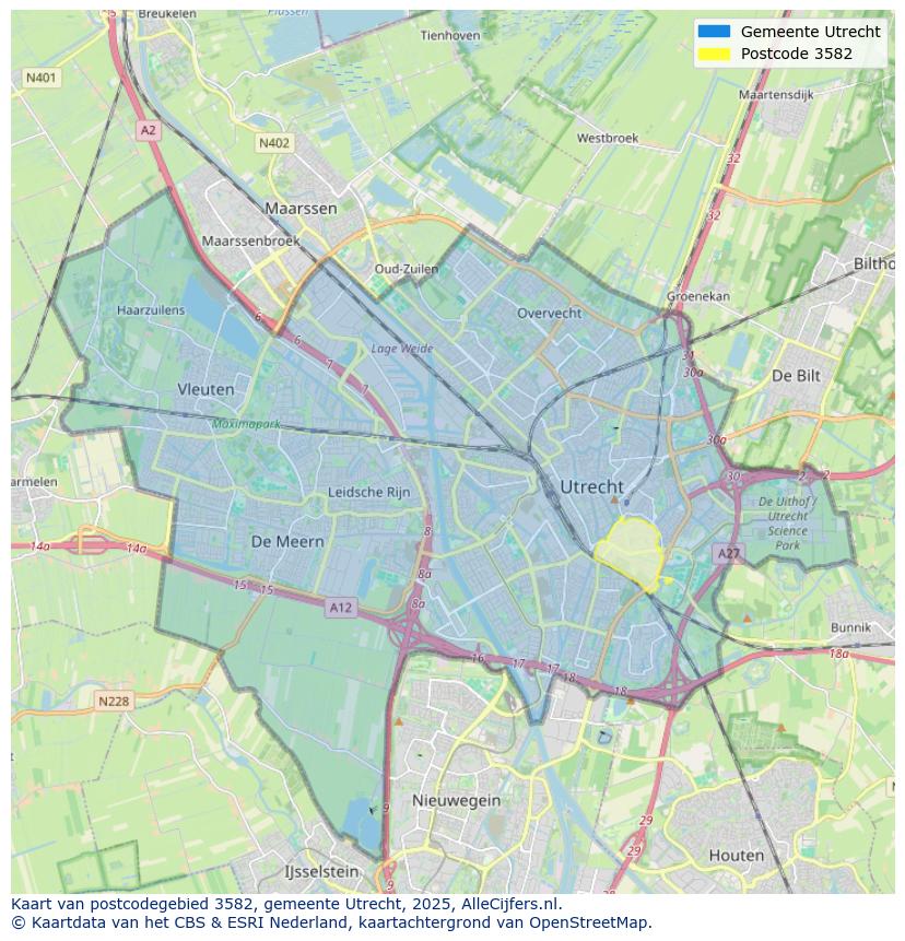 Afbeelding van het postcodegebied 3582 op de kaart.