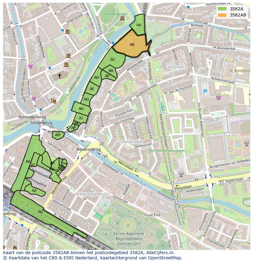 Afbeelding van het postcodegebied 3582 AB op de kaart.