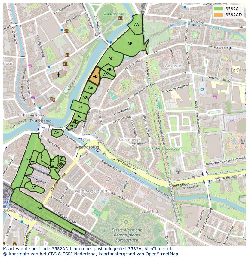 Afbeelding van het postcodegebied 3582 AD op de kaart.
