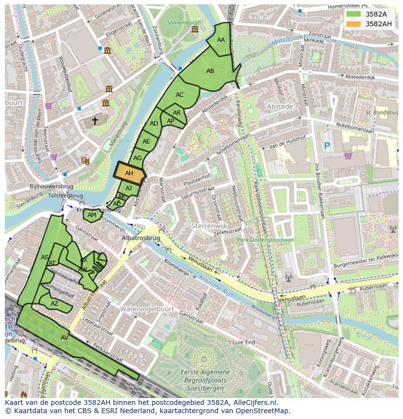 Afbeelding van het postcodegebied 3582 AH op de kaart.
