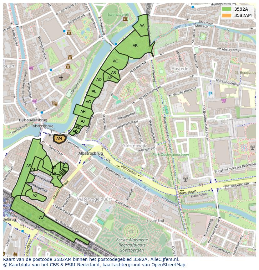Afbeelding van het postcodegebied 3582 AM op de kaart.