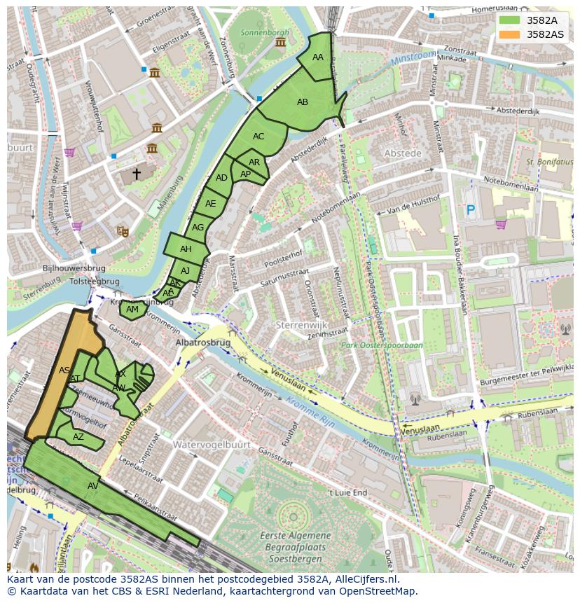 Afbeelding van het postcodegebied 3582 AS op de kaart.