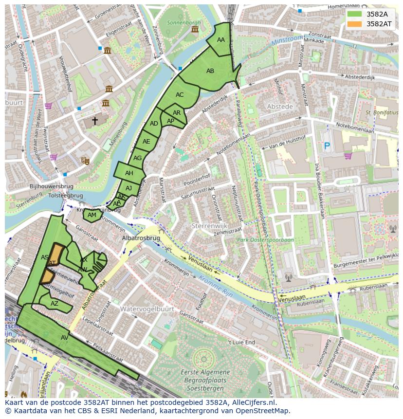 Afbeelding van het postcodegebied 3582 AT op de kaart.
