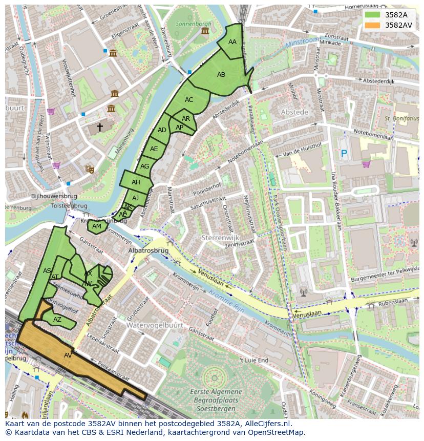 Afbeelding van het postcodegebied 3582 AV op de kaart.