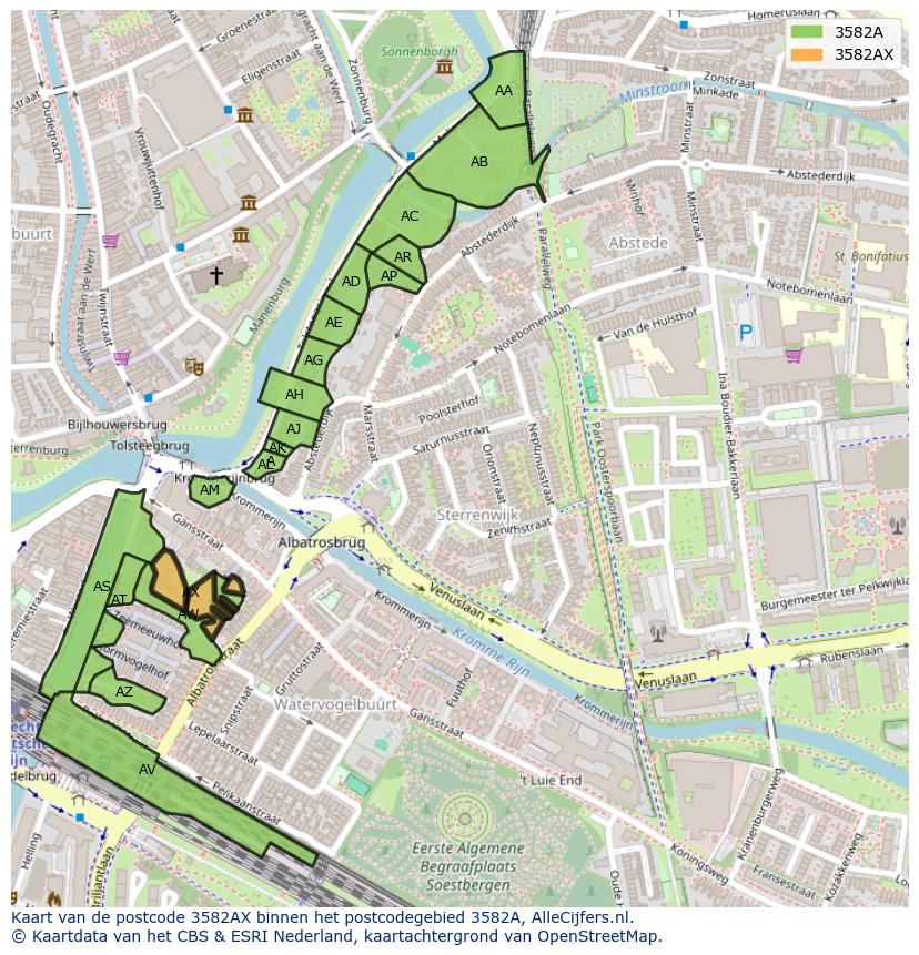 Afbeelding van het postcodegebied 3582 AX op de kaart.