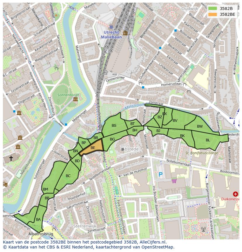Afbeelding van het postcodegebied 3582 BE op de kaart.